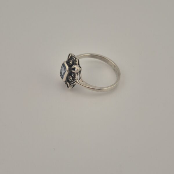 Rare Vintage 925 Sterling Silver Ring — Aquamarine & Marcasite